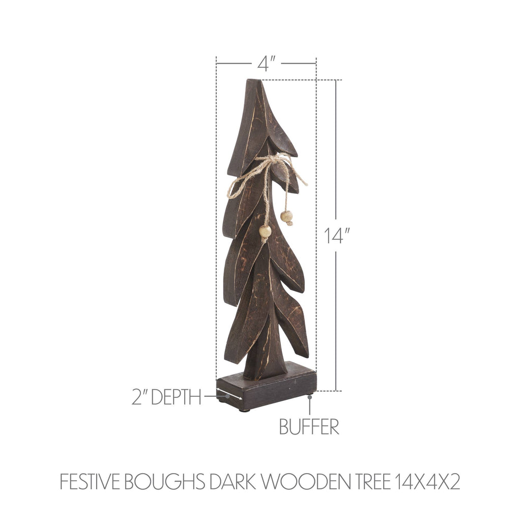 A dark brown faux-wooden decorative tree with layered leaves and a small beige twine bow with beads, shown on a white background with dimension labels: 4 inches wide at the top, 14 inches tall, and 2 inches deep. Text at the bottom reads 'FESTIVE BOUGHS DARK WOODEN TREE 14X4X2'.