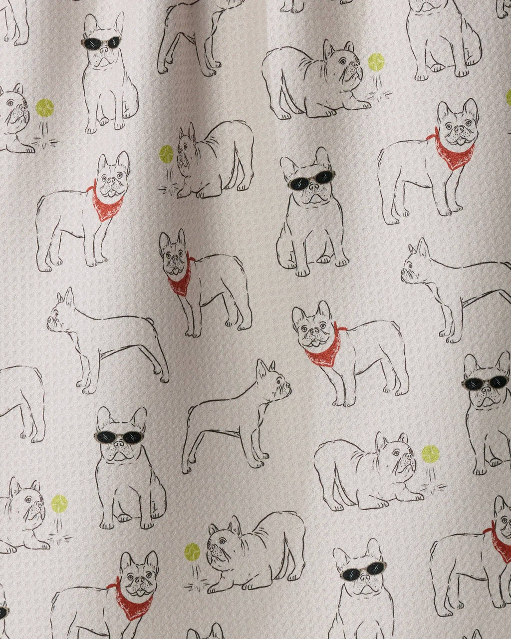 A close-up of a textured fabric featuring a repeating pattern of French Bulldog illustrations. The dogs are drawn in black outlines, with some wearing red bandanas and a few wearing black sunglasses.