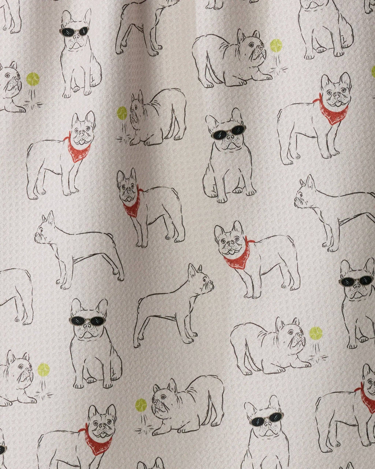 A close-up of a textured fabric featuring a repeating pattern of French Bulldog illustrations. The dogs are drawn in black outlines, with some wearing red bandanas and a few wearing black sunglasses.