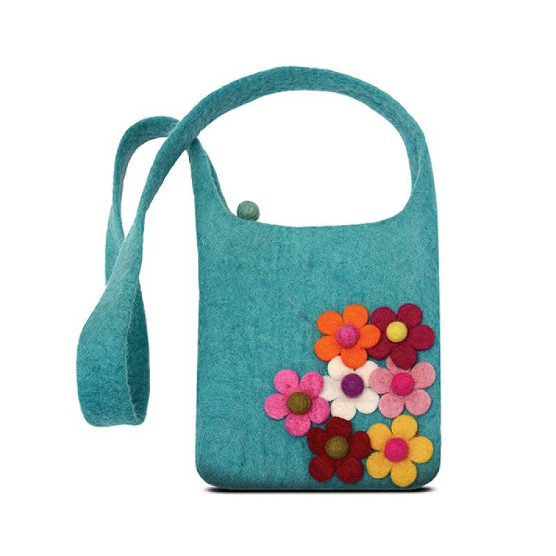 Turquoise Side Flower Cross Body Kids Bag – Handcrafted Wool Felt