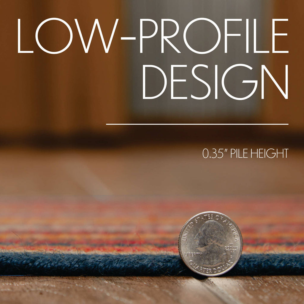 Close-up of a rug with a coin for scale, emphasizing low-profile design.