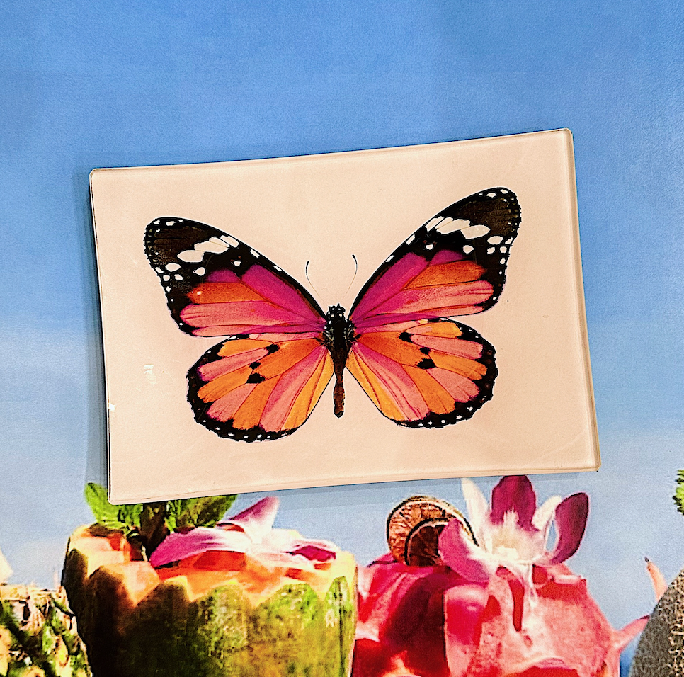Ben's Garden - Pink Sardinia Butterfly Decoupage Glass Tray: 4"X 6"