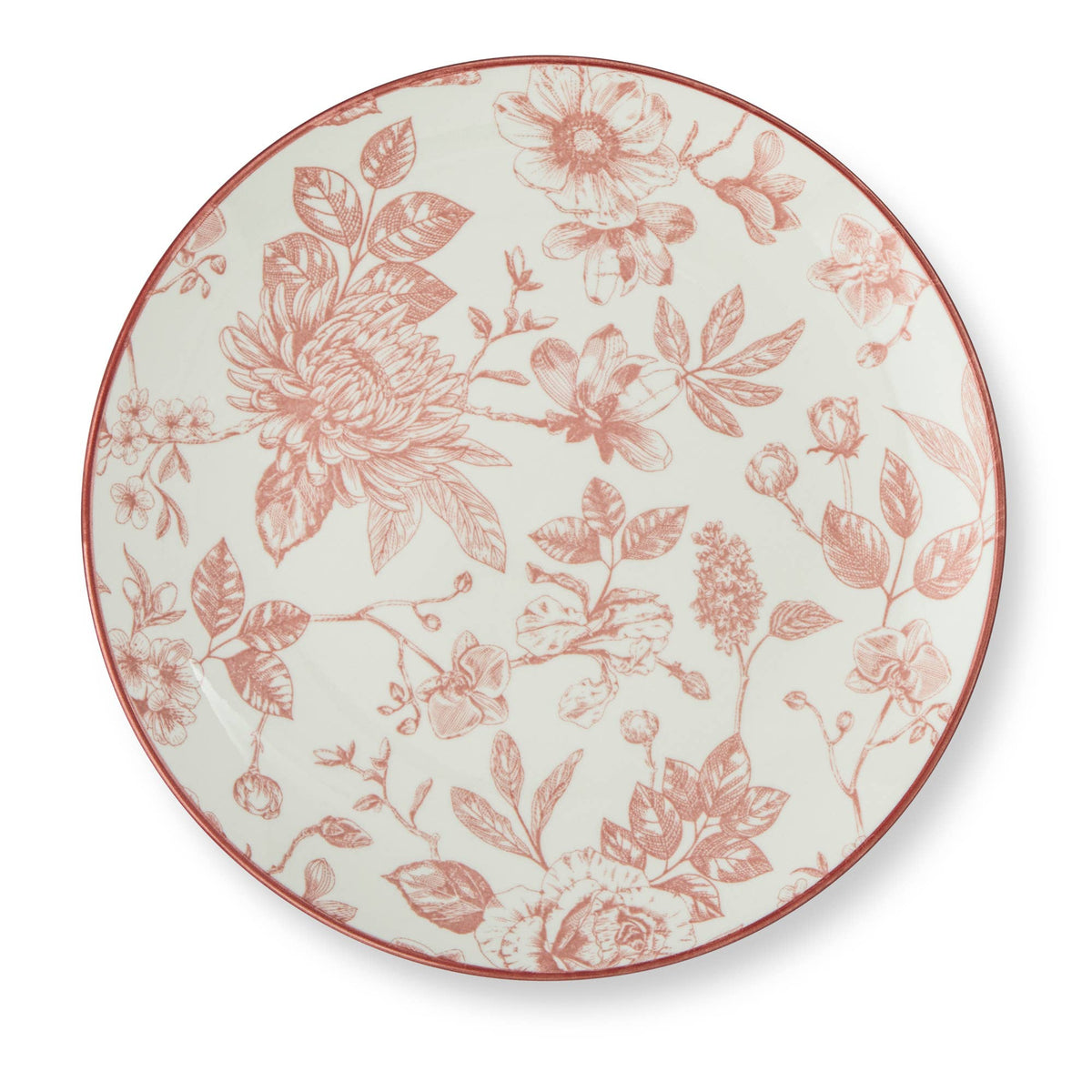A round ceramic plate with a delicate floral toile pattern in a muted terracotta pink on an off-white background, featuring a matching pink rim.