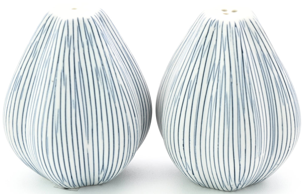 A pair of white ceramic teardrop-shaped salt and pepper shakers with vertical blue stripes, shown on a plain white background.