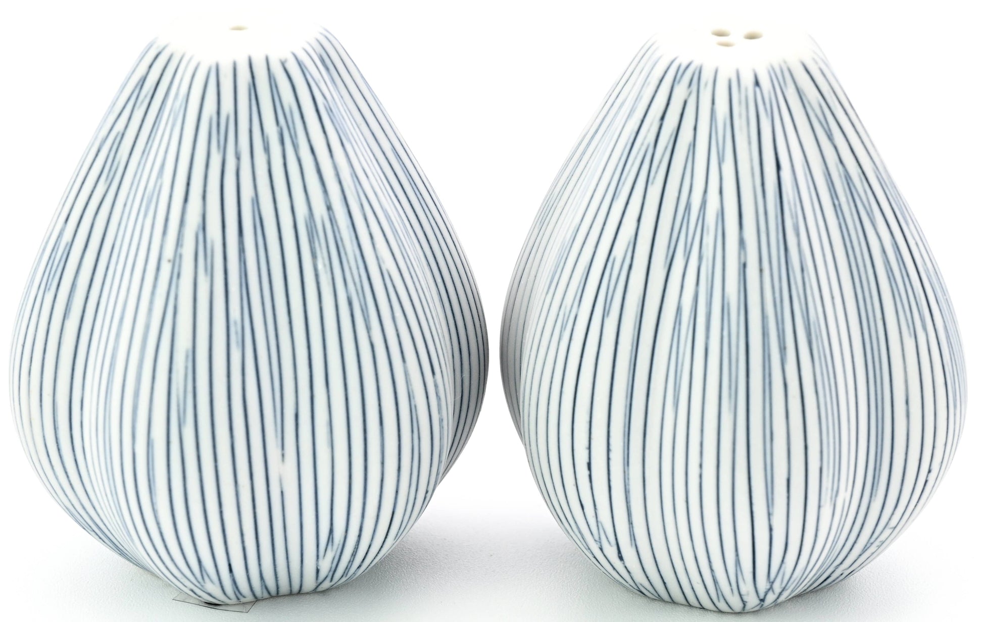 A pair of white ceramic teardrop-shaped salt and pepper shakers with vertical blue stripes, shown on a plain white background.