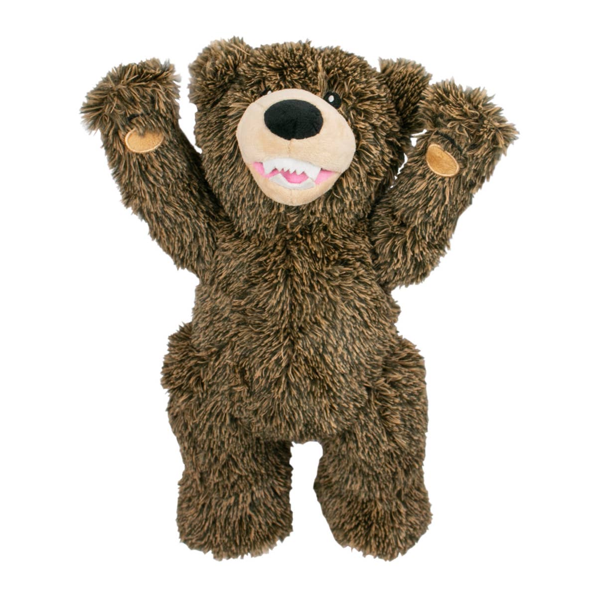 Plush brown bear toy with a happy expression on a white background