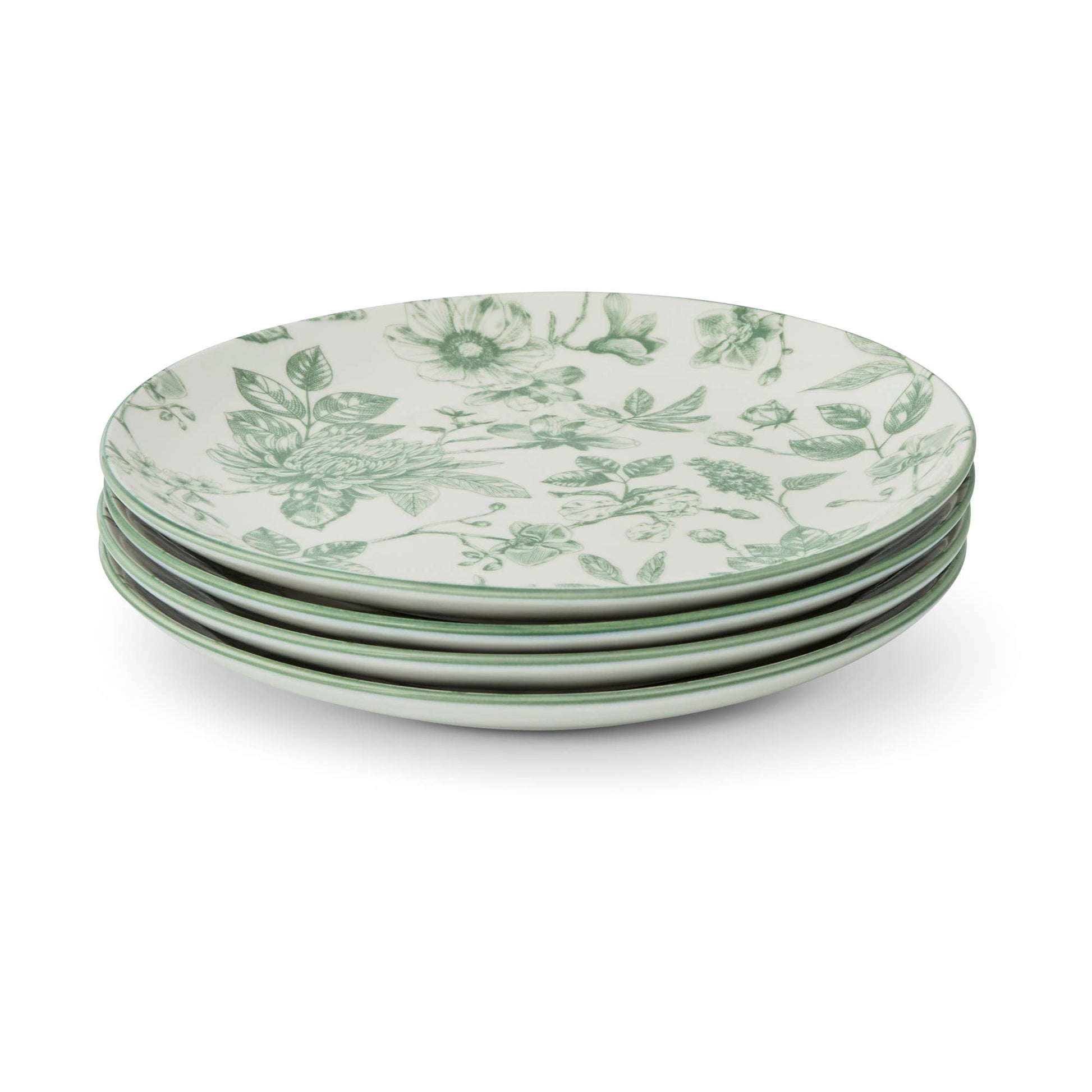 A stack of five round ceramic plates with a green floral toile pattern on a white background, photographed on a clean white studio background.