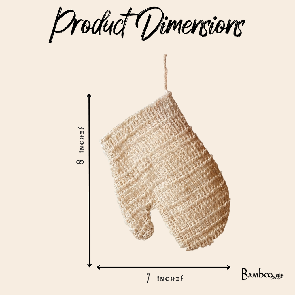 Textured beige mitt with dimensions labeled on a beige background