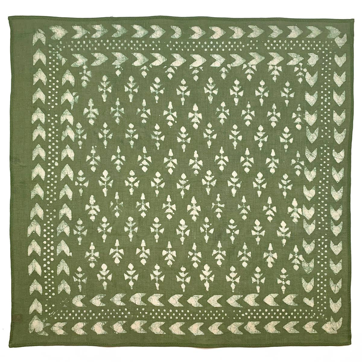 Block Printed Bandana — Green Floral & Arrow Border