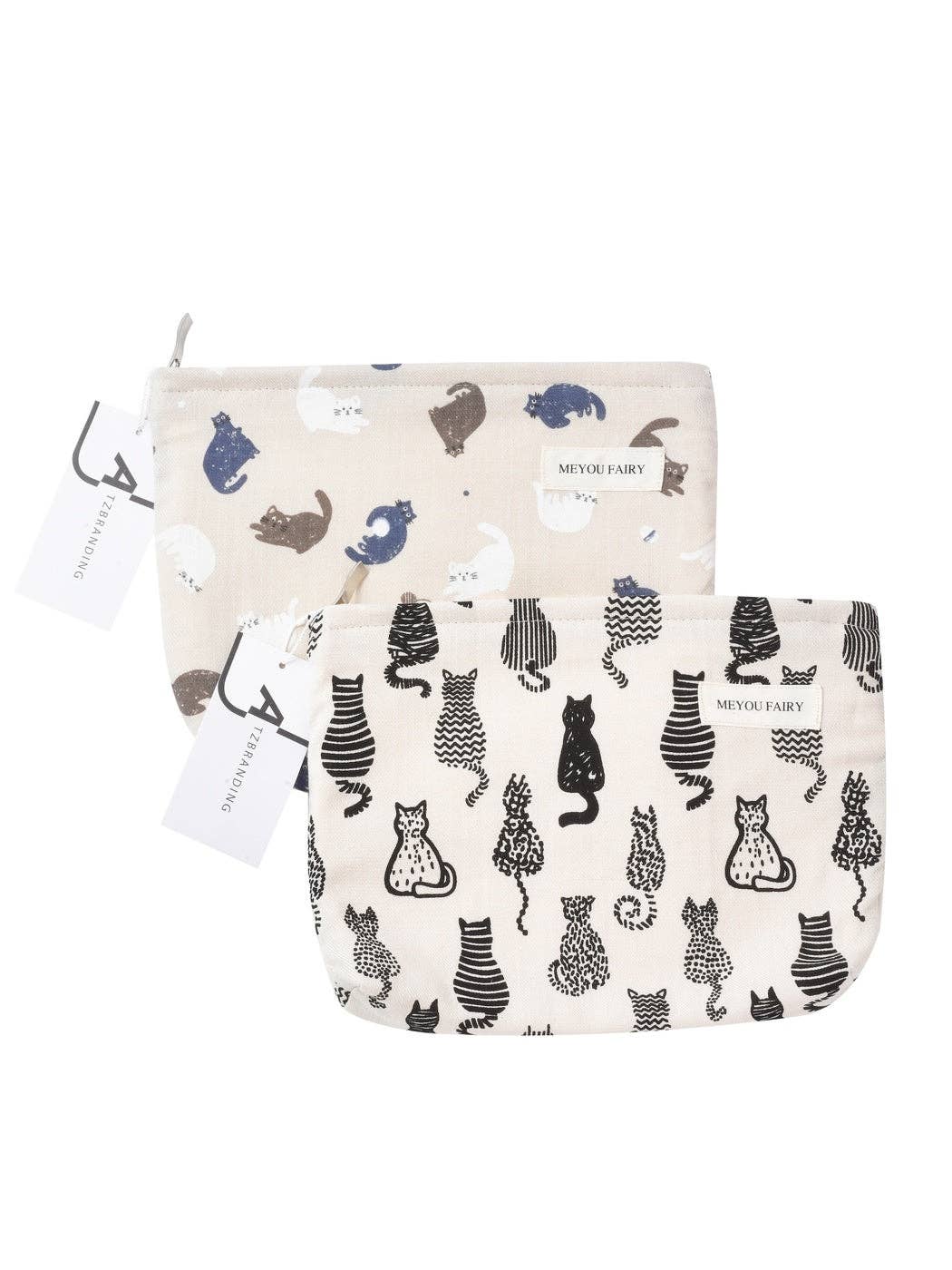 Two fabric pouches with cat pattern on a white background