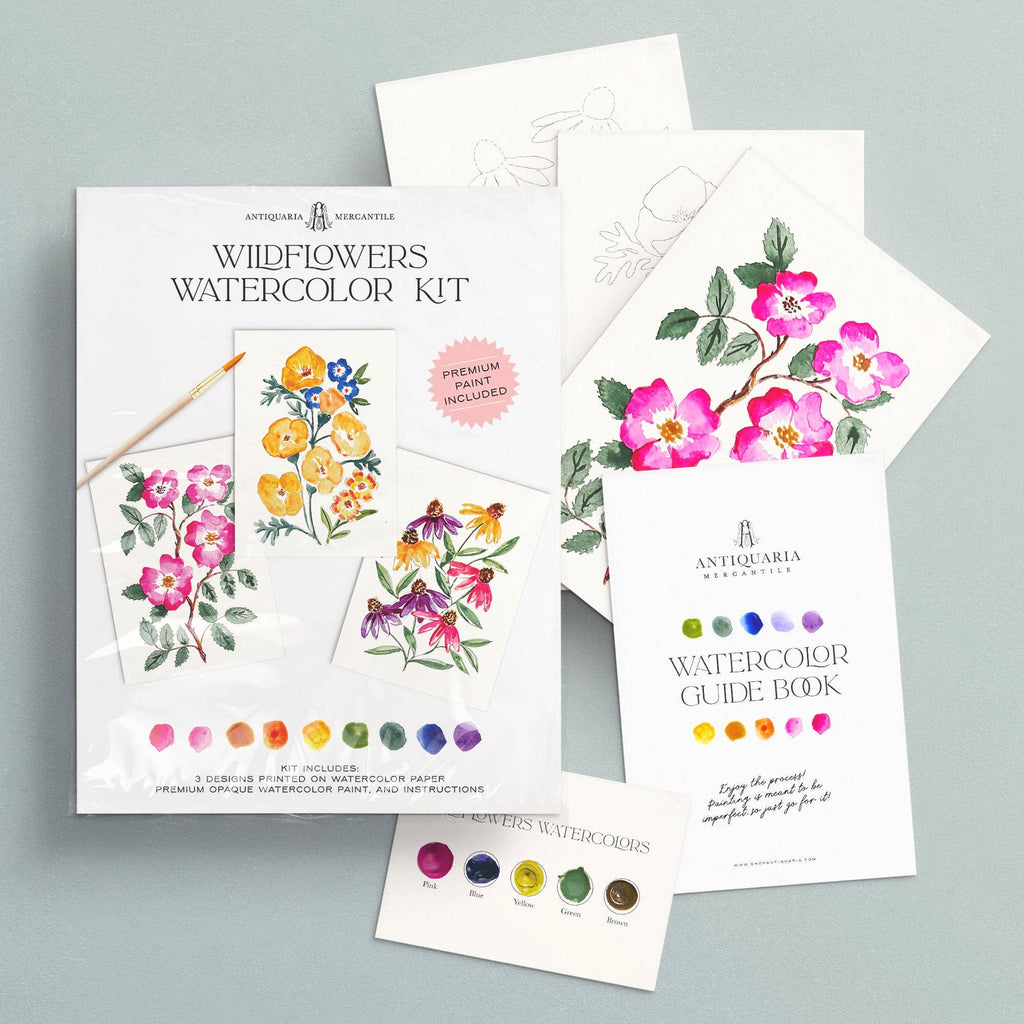 Wildflowers Watercolor Kit with watercolor paper, paint swatches, and guide book on a gray background
