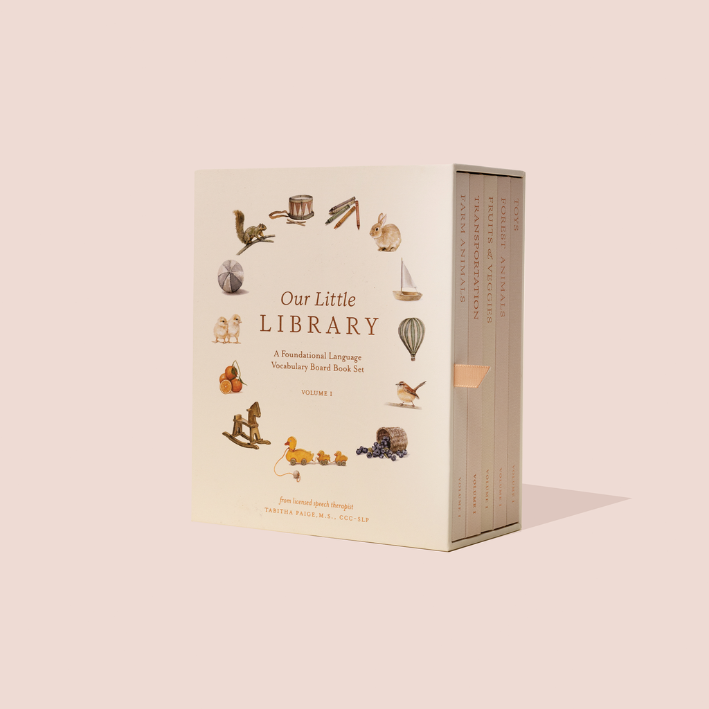 Book set titled 'Our Little Library' on a beige background