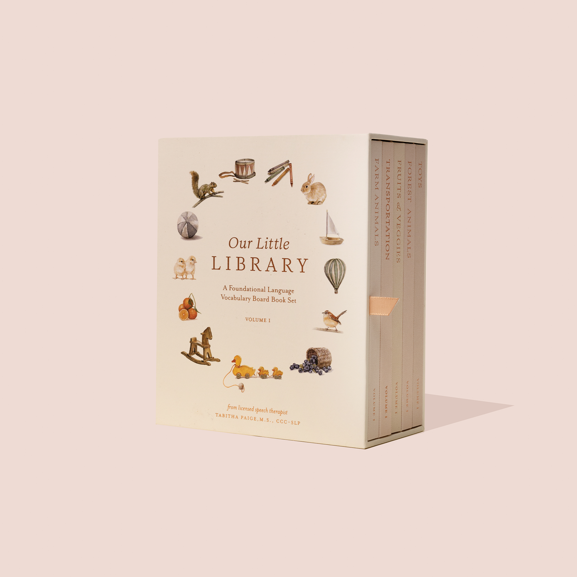 Book set titled 'Our Little Library' on a beige background
