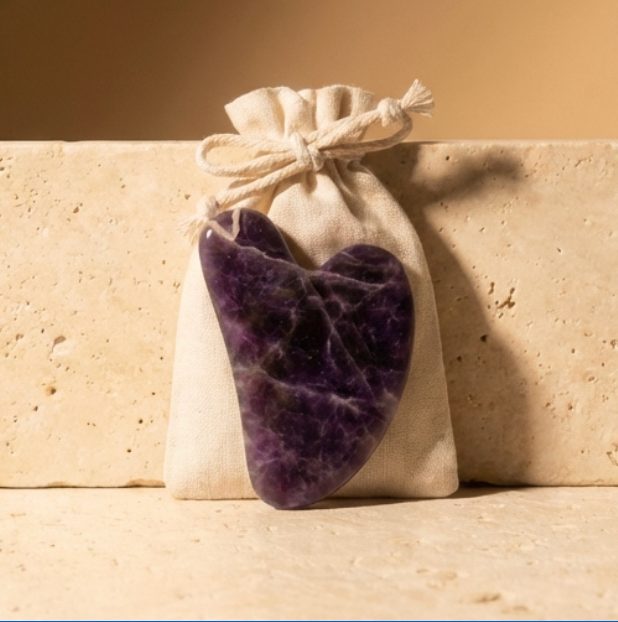 Purple stone in a white drawstring bag on a beige background