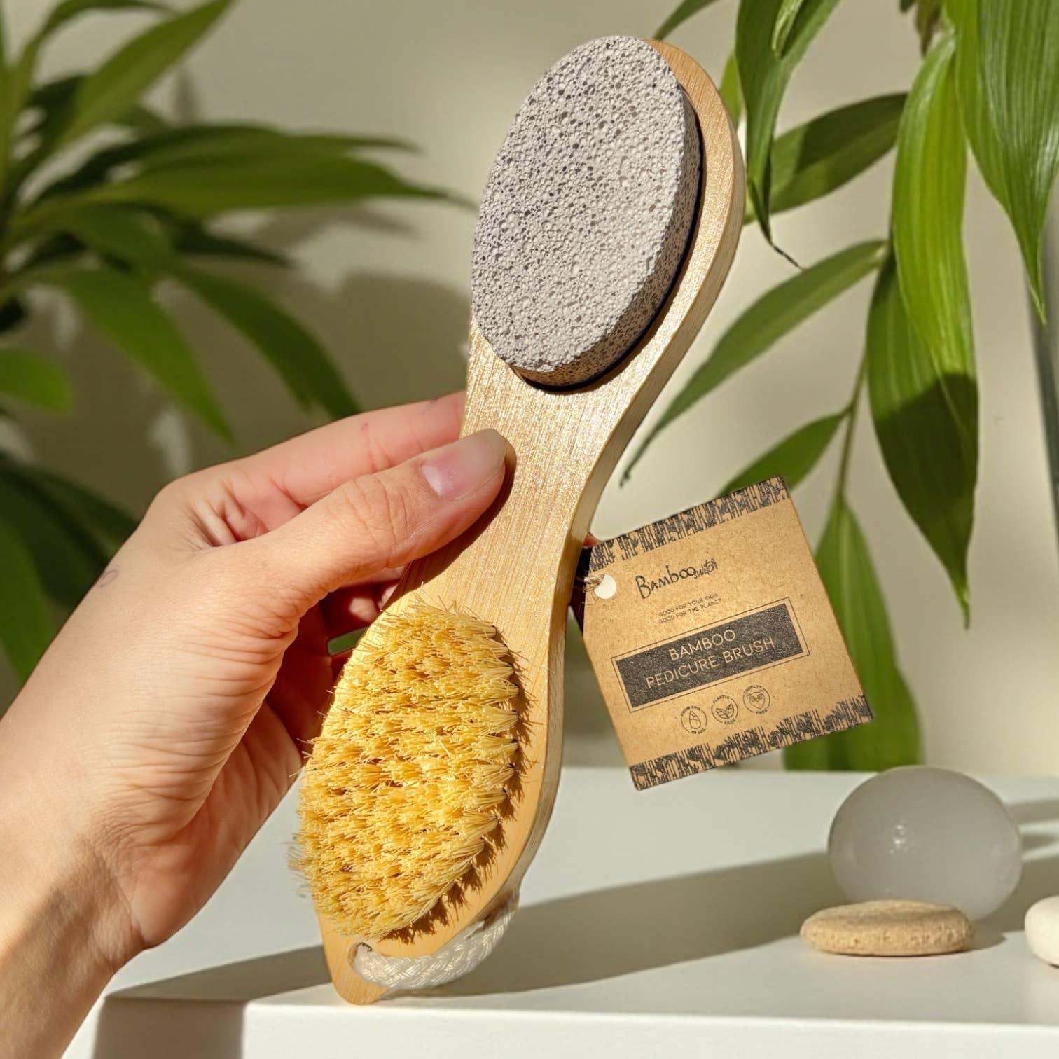 Hand holding a wooden brush with natural bristles and a sandalwood finish, against a neutral background with greenery.