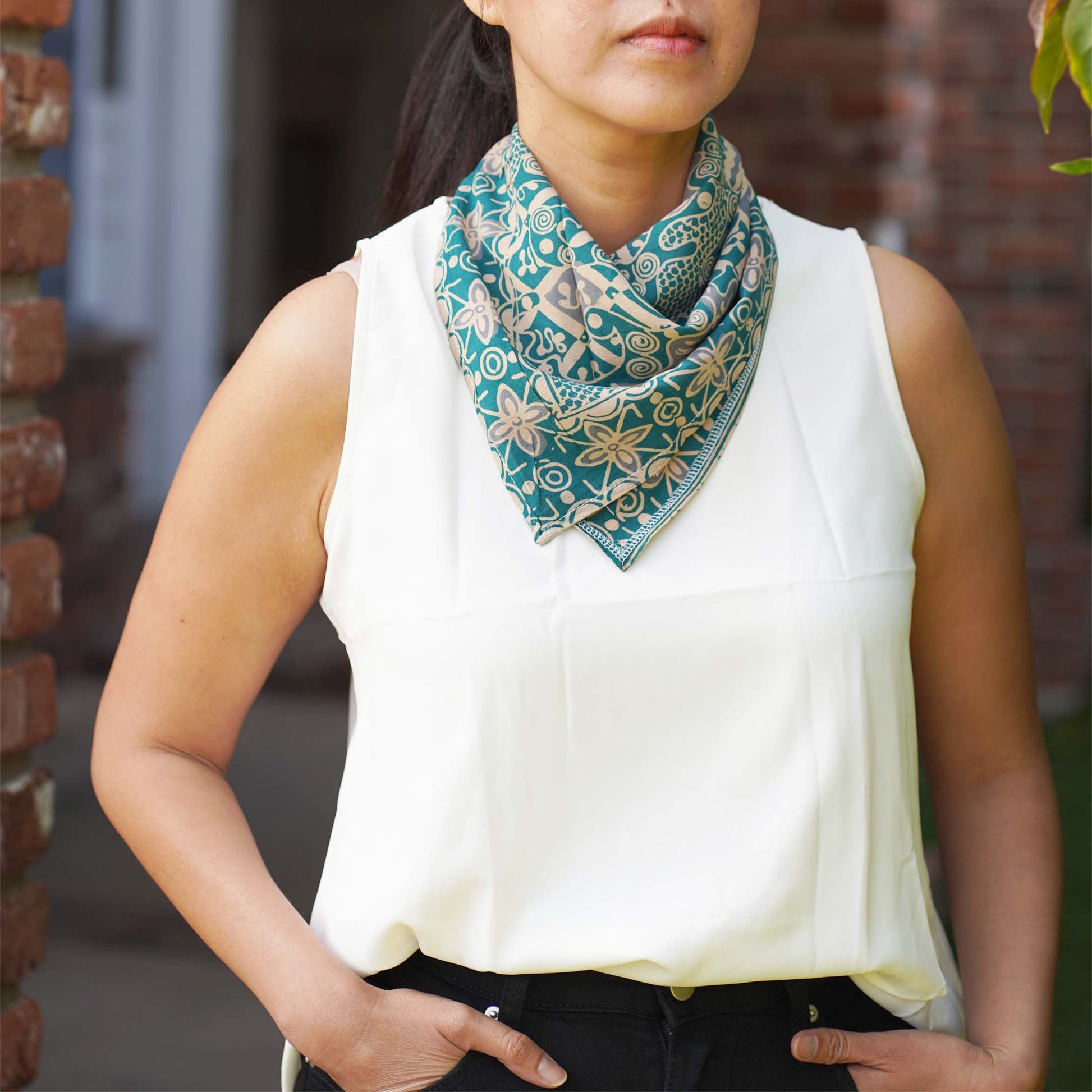 Batik Bandana – Blue Gray Teal Aqua | Abstract Flowers