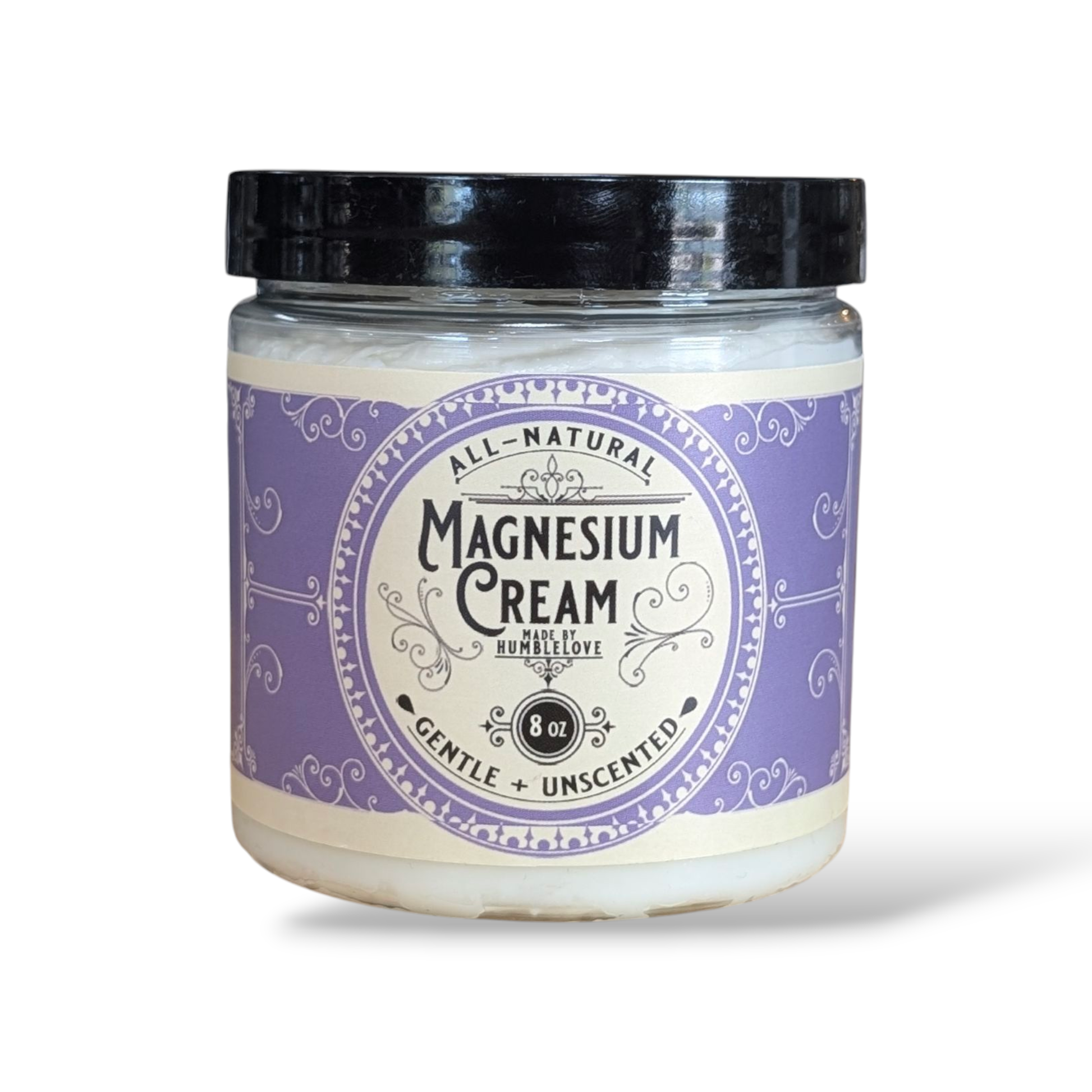 Jar of magnesium cream with a purple label on a white background