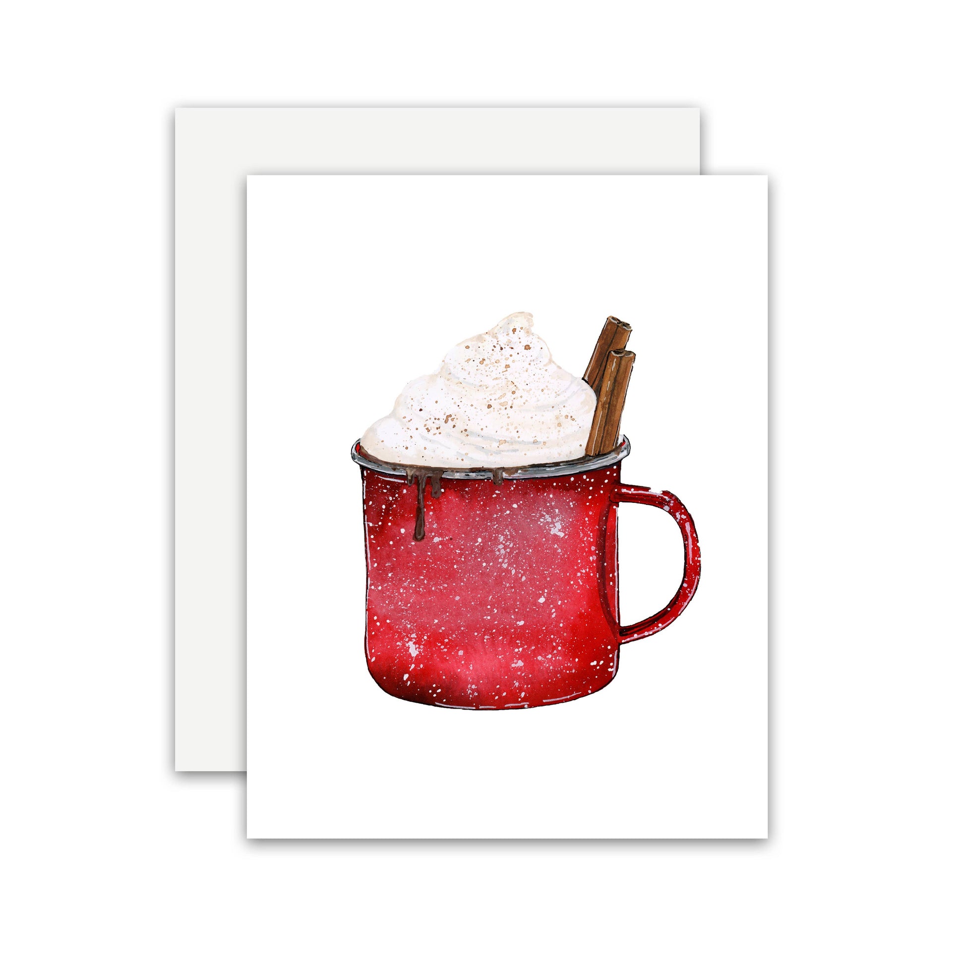 A white greeting card featuring a watercolor illustration of a red speckled enamel mug filled with whipped cream and topped with a cinnamon stick, shown with a white envelope behind it on a white background.