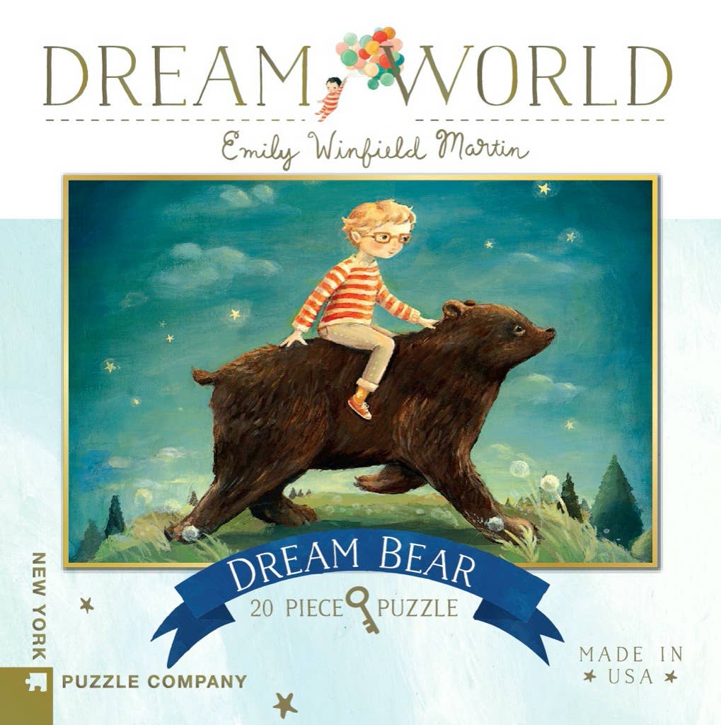 Puzzle box featuring a boy riding a bear with 'Dream World' branding