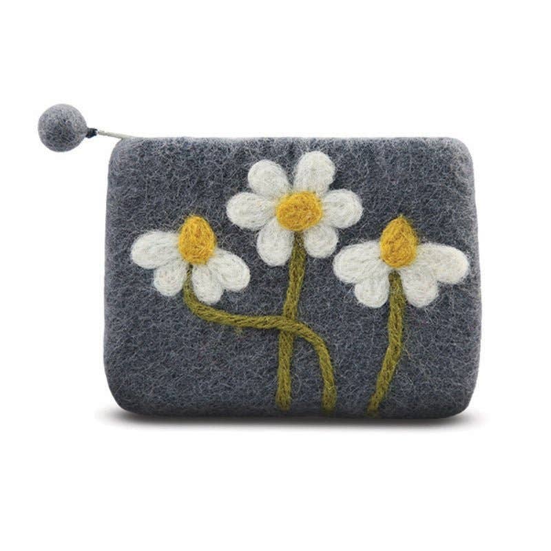 Green Needle Daisy Flowers Coin Purse – Handcrafted Wool Felt