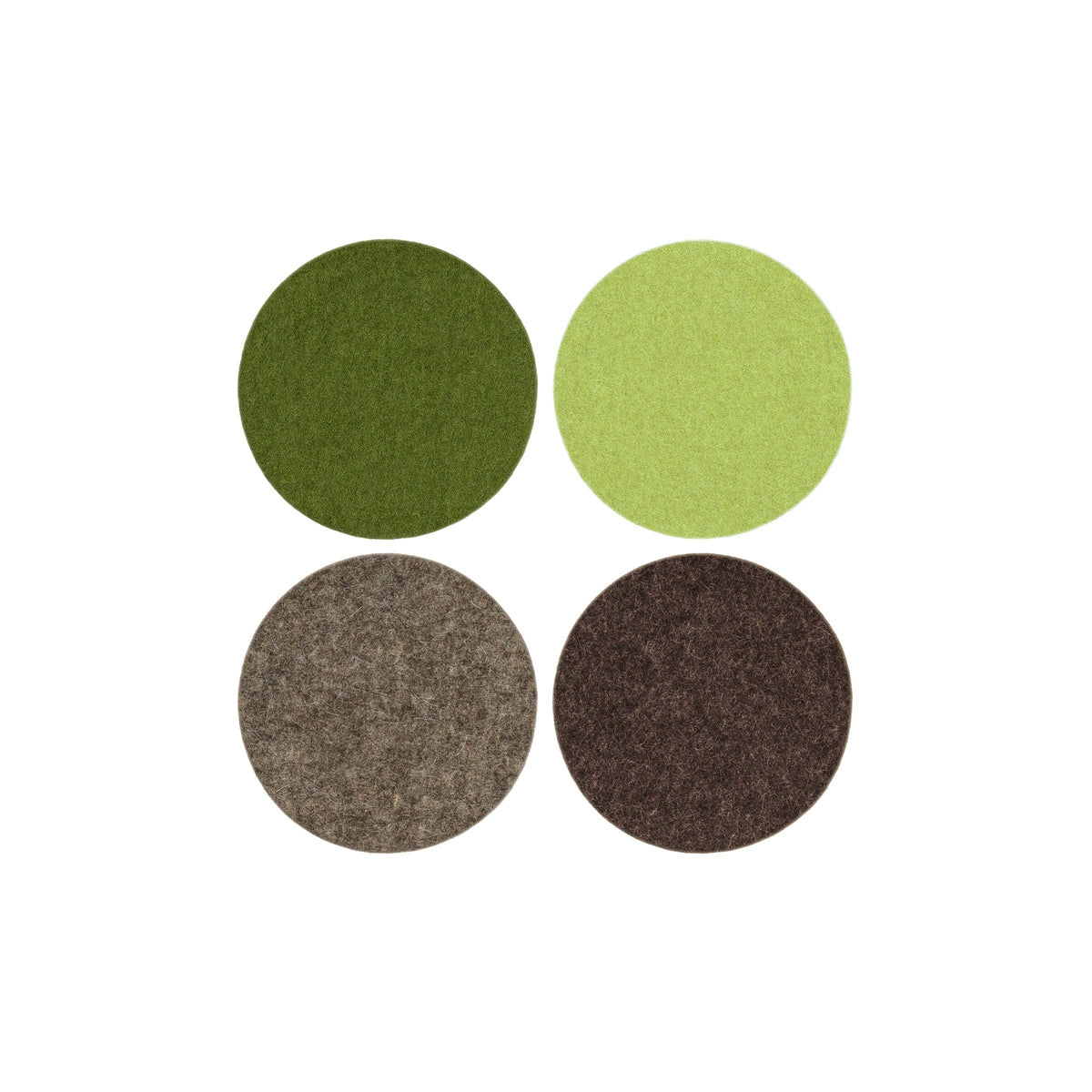 Four circular coasters in green, brown, and gray on a white background