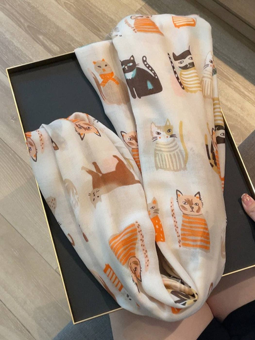 Scarvii - Playful Cat Print Scarf: Black