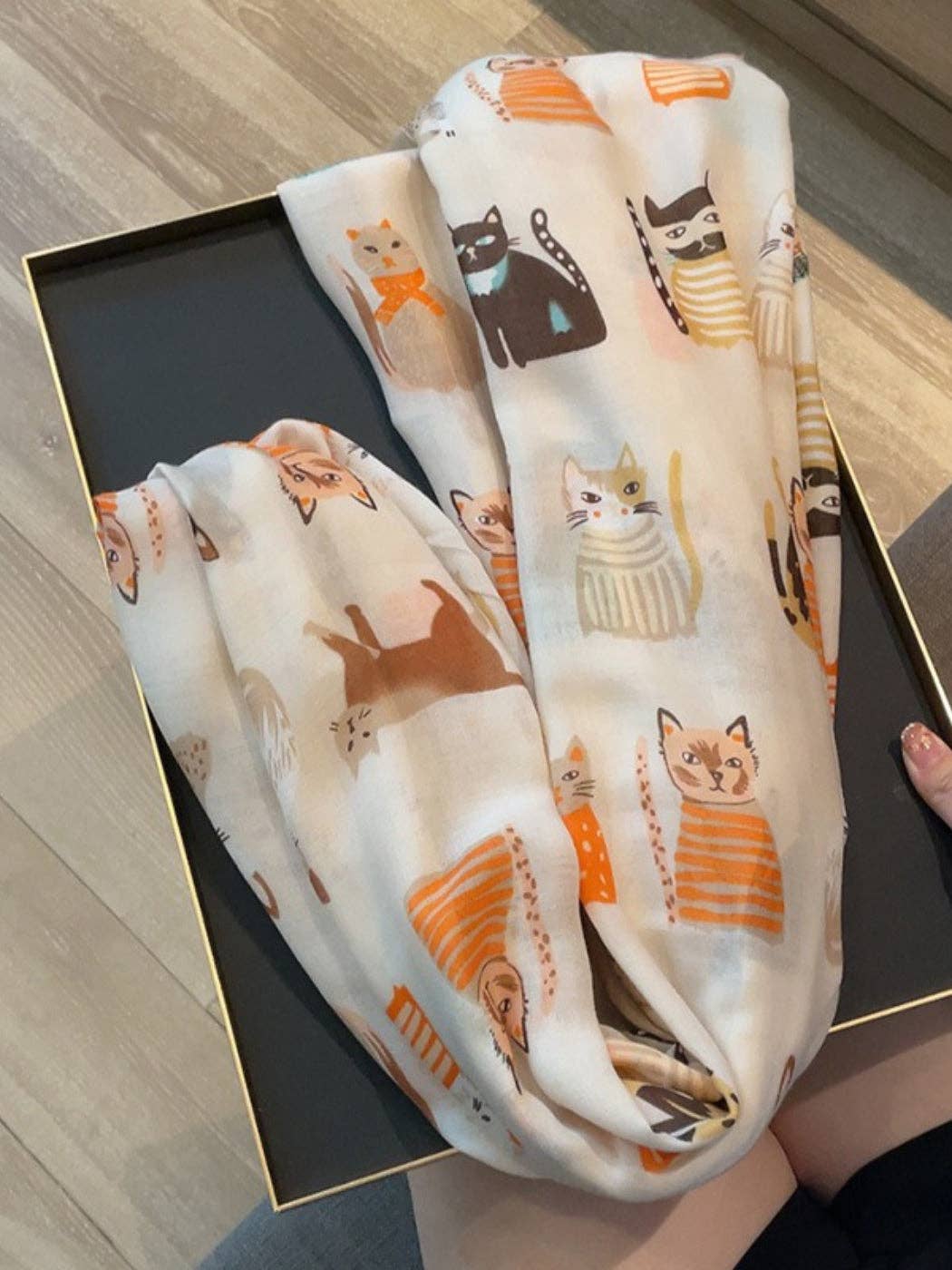 Scarvii - Playful Cat Print Scarf: Black