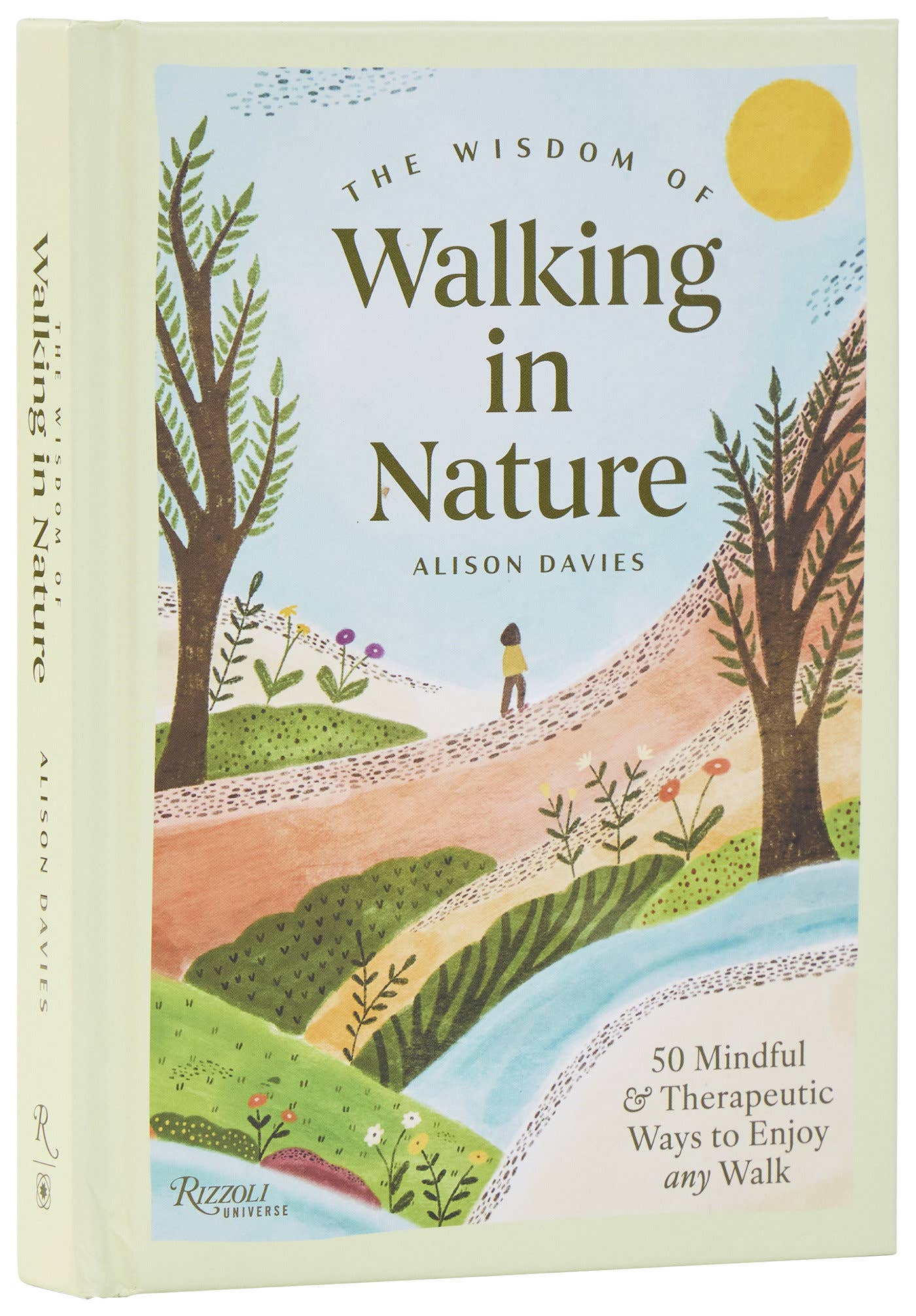 Book cover of 'The Wisdom of Walking in Nature' by Alison Davies with illustrations of a person walking on a path between trees.
