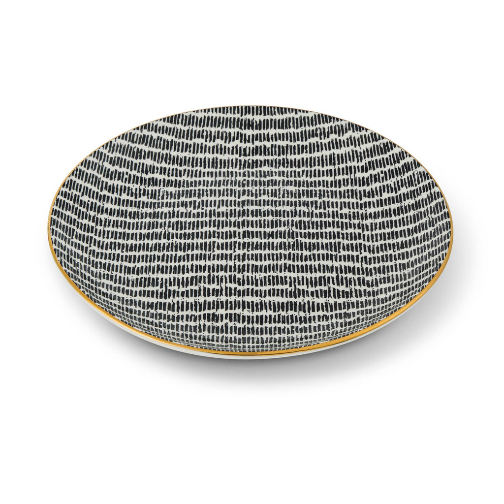 A round ceramic plate with a black and white hand-drawn line pattern and a thin gold rim, shown on a clean white background.