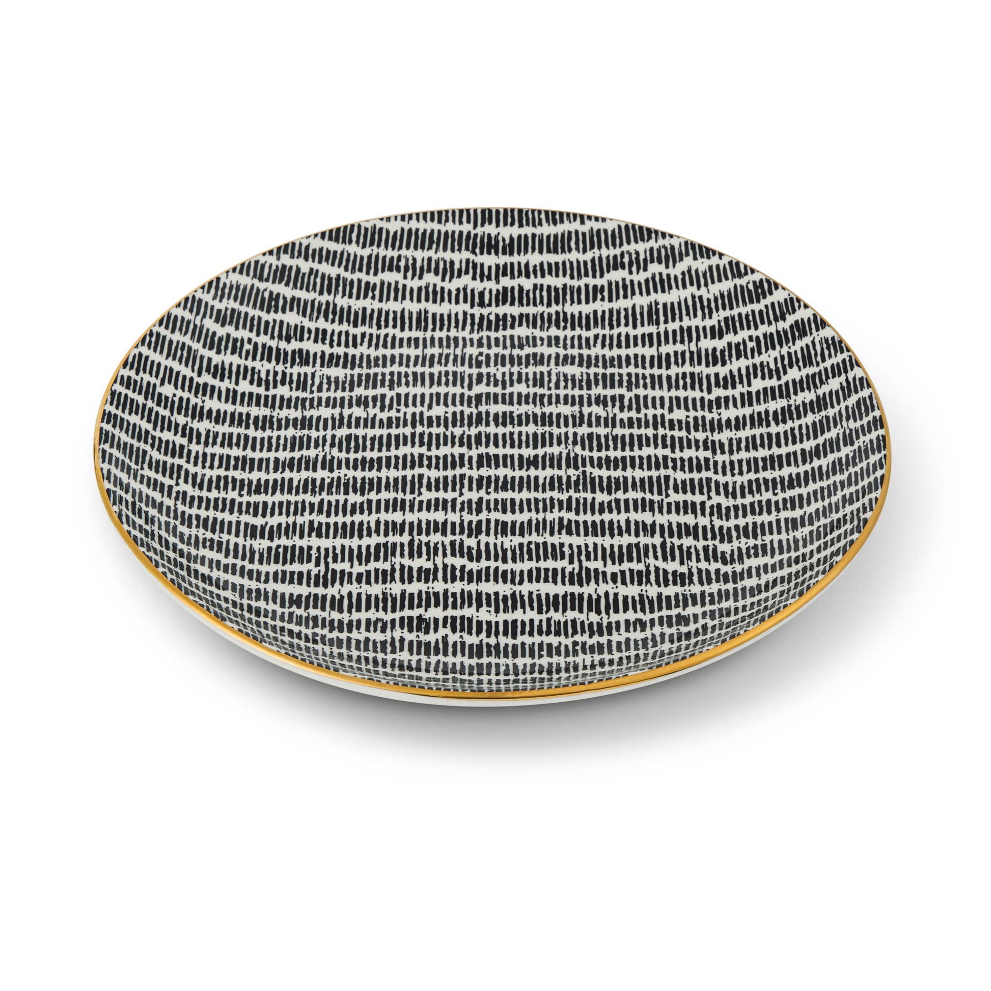 A round ceramic plate with a black and white hand-drawn line pattern and a thin gold rim, shown on a clean white background.