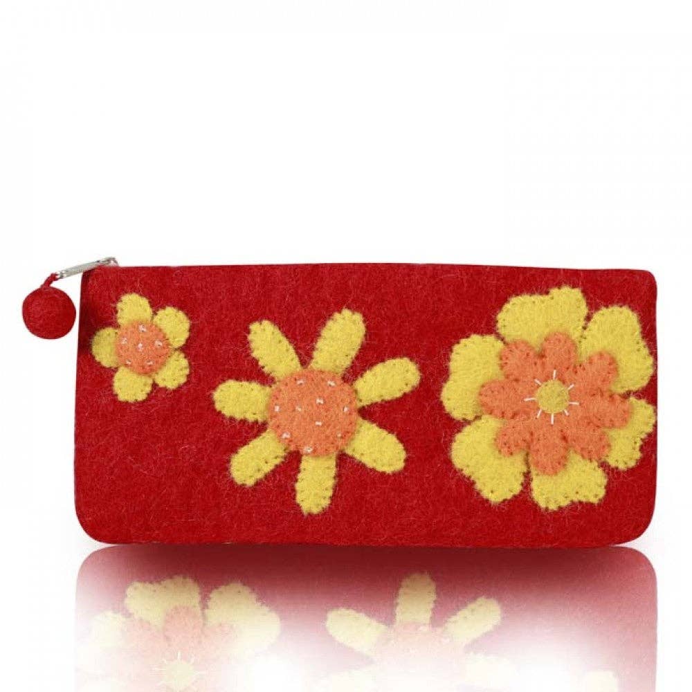 Red Three Flowers Attached Pencil Case – Handcrafted Wool Felt