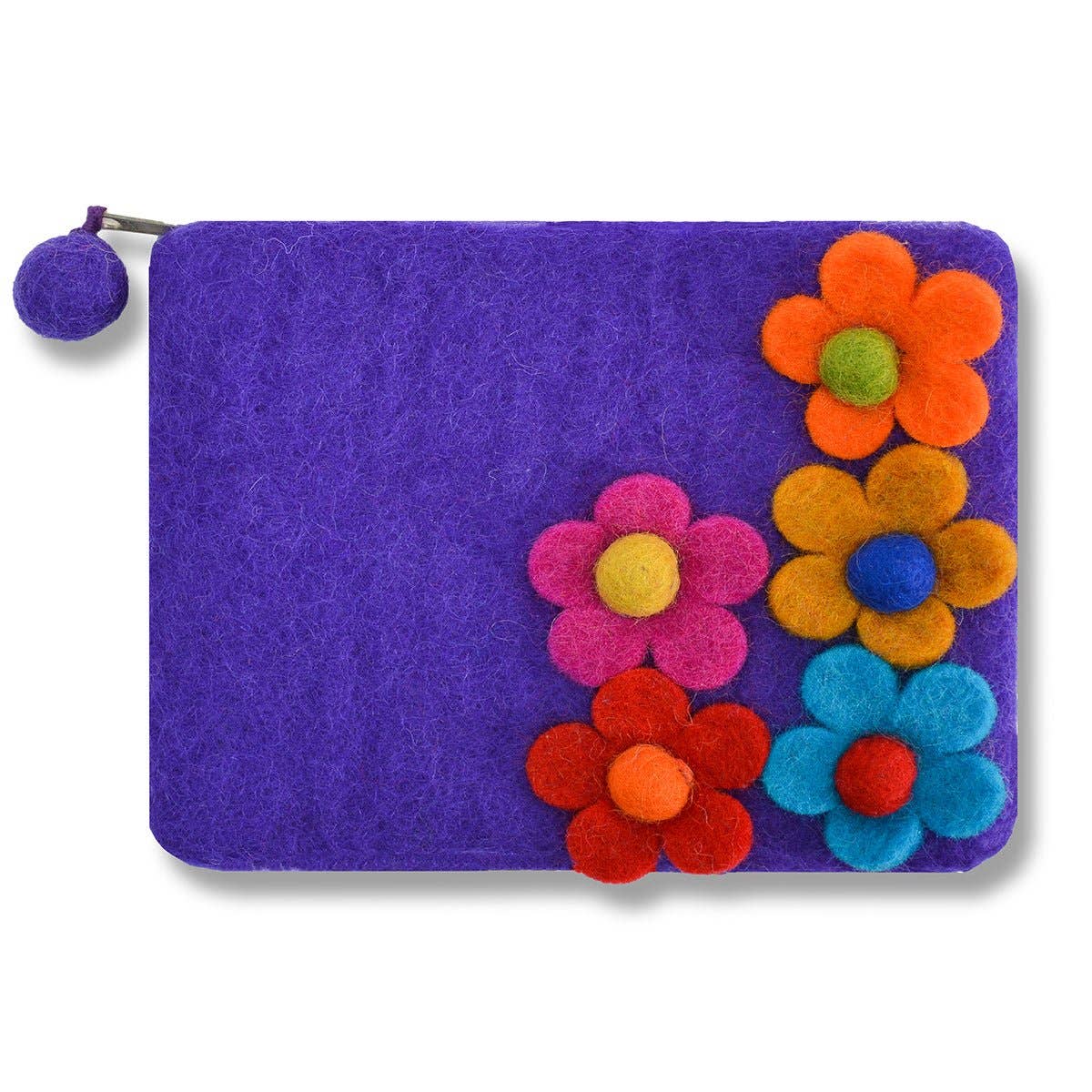 Purple Five Side Flower Zip Coin Purse – Handcrafted Wool Felt