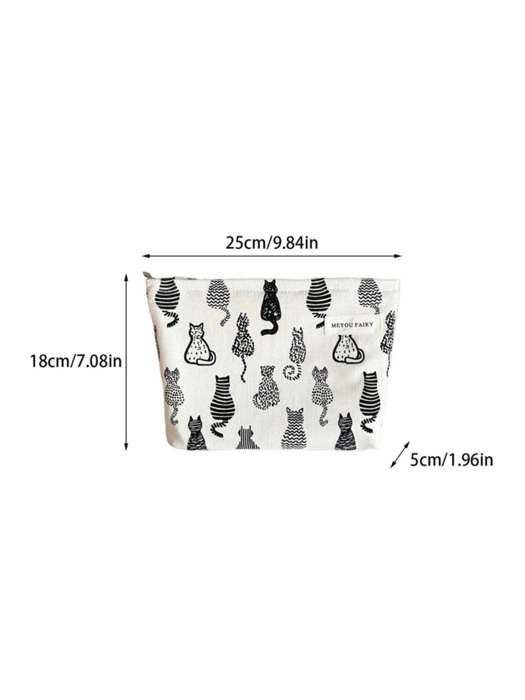 A white fabric pouch with a black cat pattern, shown with dimension lines and labels indicating measurements of 25cm by 18cm by 5cm.