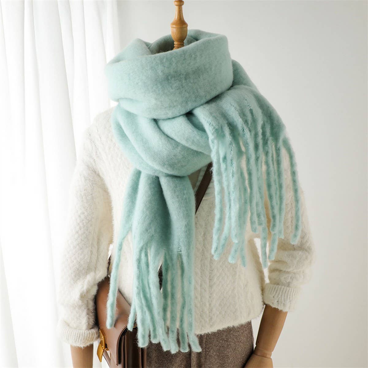 Green Mohair Tassel Scarf for Winter(OS)