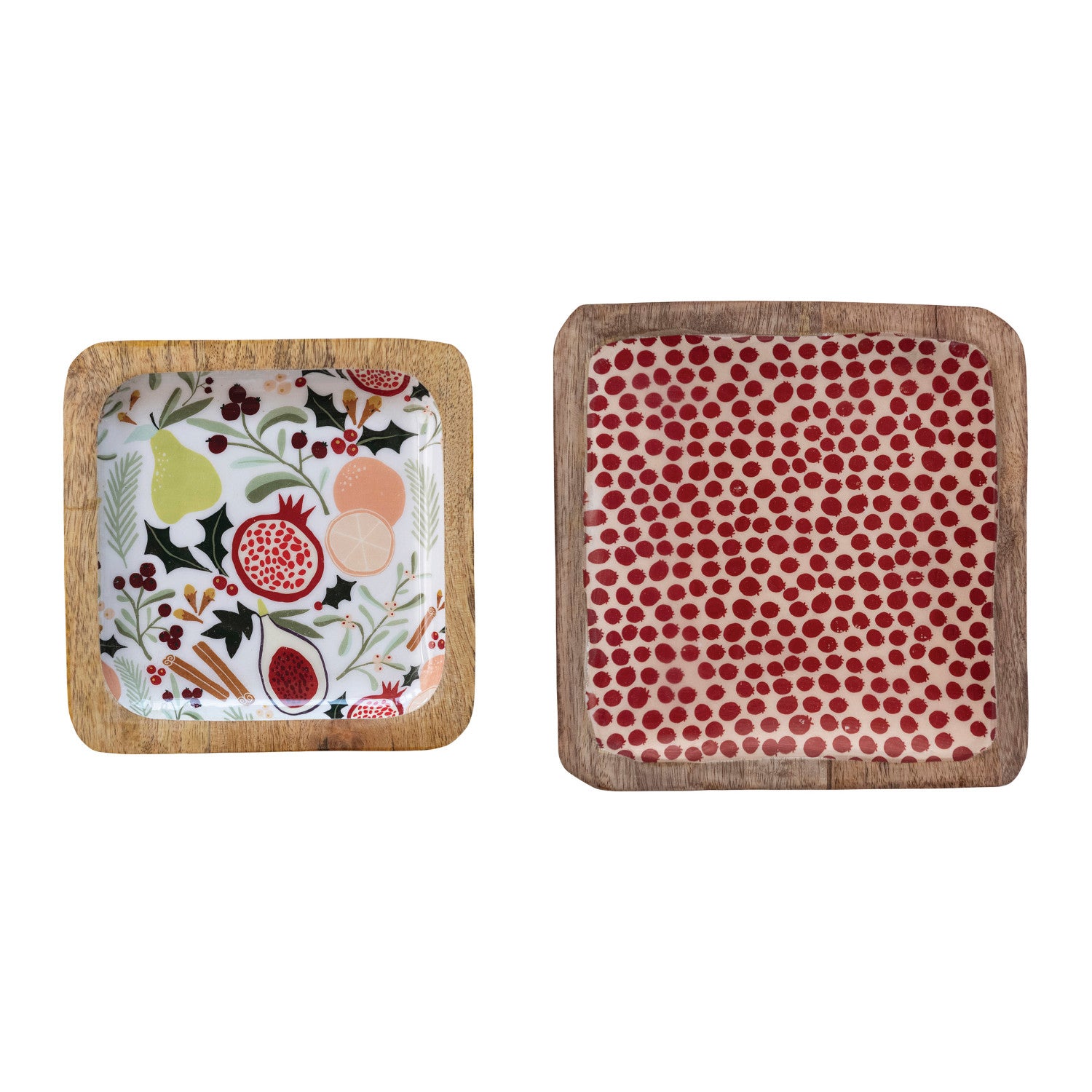 Enameled Mango Wood Trays w/ Fruit/Botanicals & Dots Pattern, Set of 2 ©