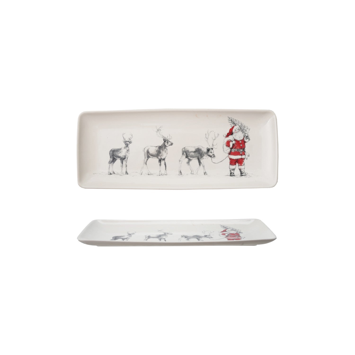 Stoneware Serving Platter with Santa Leading Reindeer Image ©